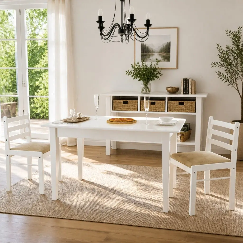 Dining Chairs Set 2 pcs White Solid Rubber Wood Padded Seat