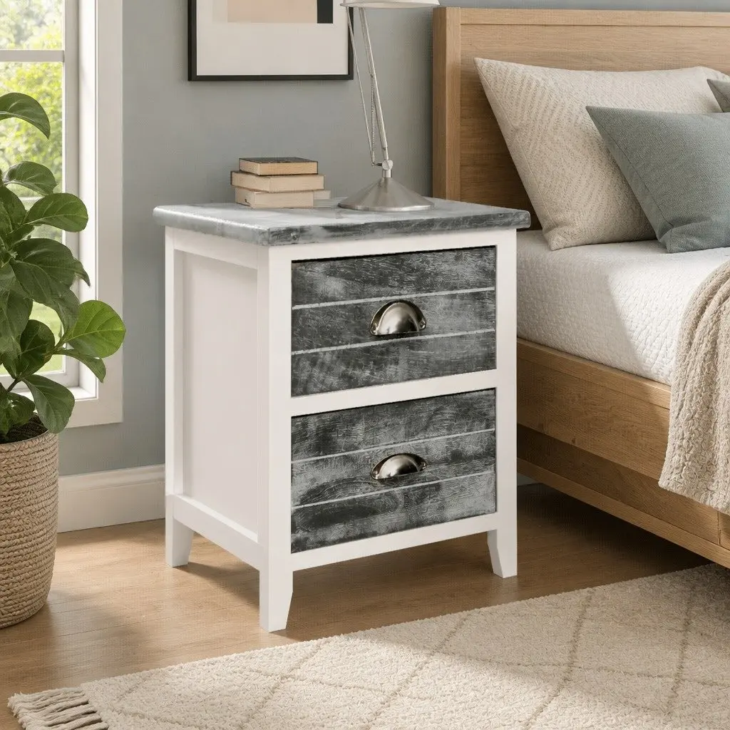 Bedside Table Set Grey White 2 Piece Nightstand Cabinet with Drawers