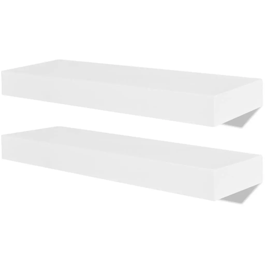 Wall Display Shelves White MDF Floating Book DVD Storage Hanging Ledge Set of 2