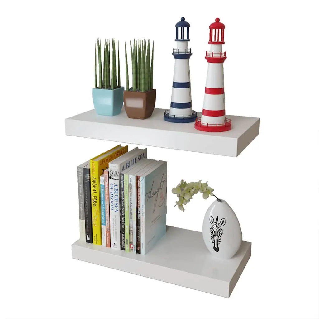 Wall Display Shelves White MDF Floating Book DVD Storage Hanging Ledge Set of 2