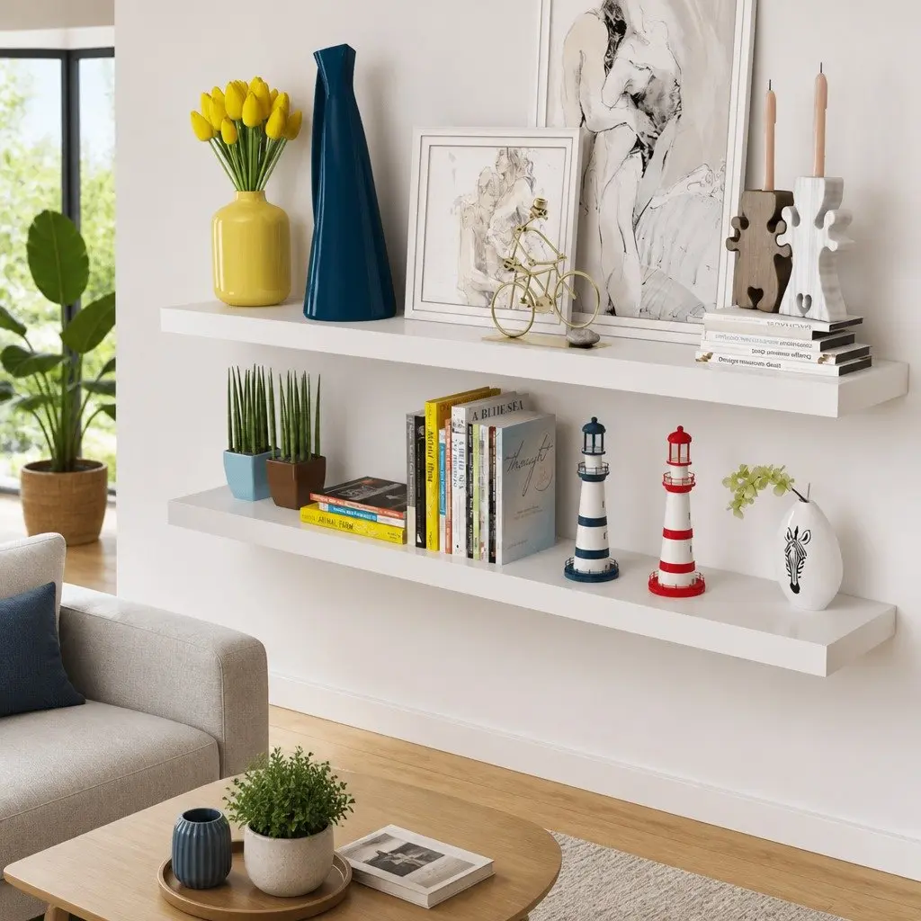 Floating Wall Shelves Set of 2 White MDF Display Storage Ledge