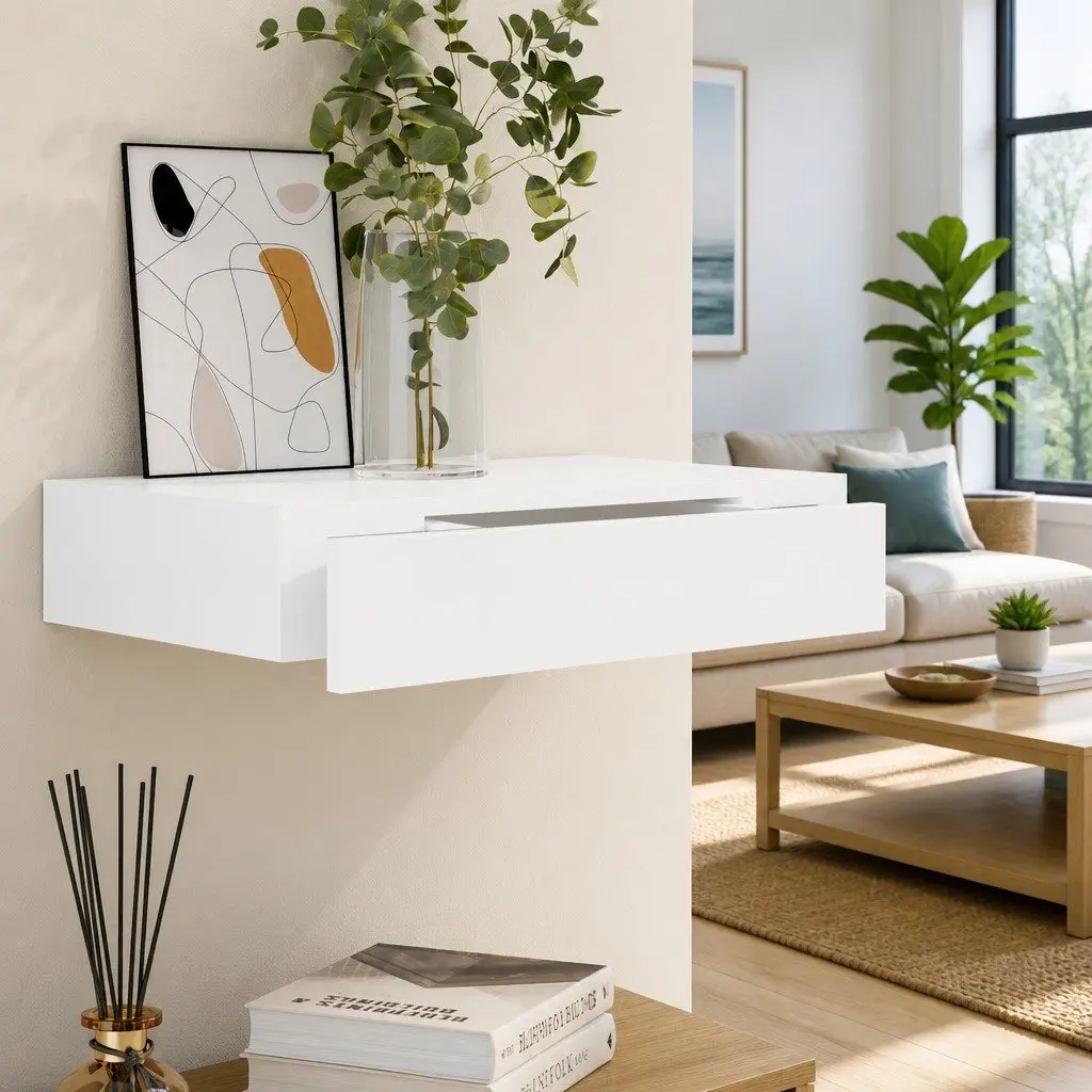 White Floating Shelf with Drawer Storage