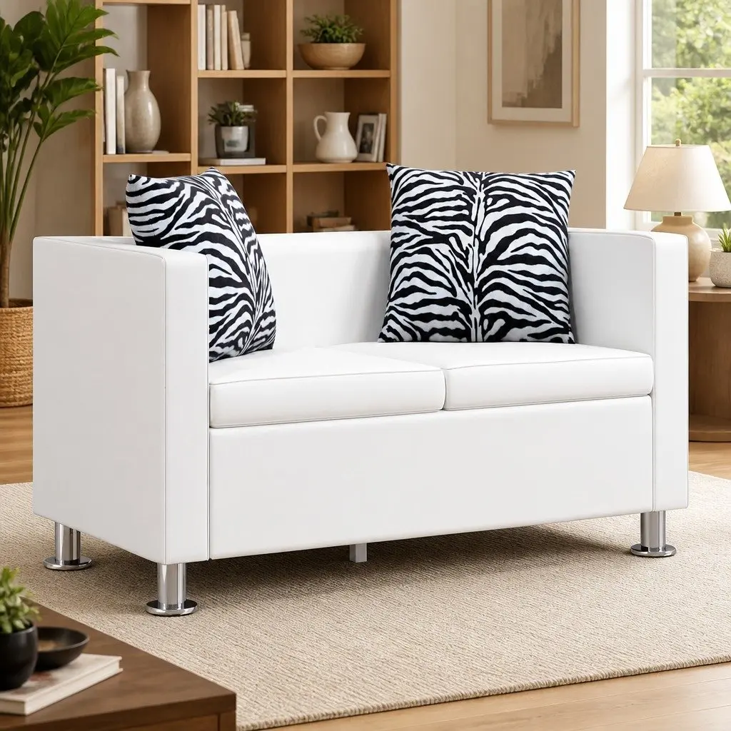 Lounge Couch White Artificial Leather 2-Seater Padded Cushions Wide Seating