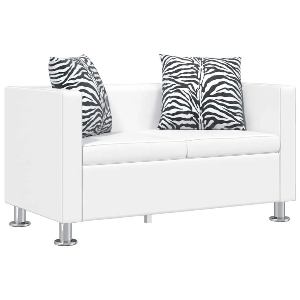 Lounge Couch White Artificial Leather 2-Seater Padded Cushions Wide Seating