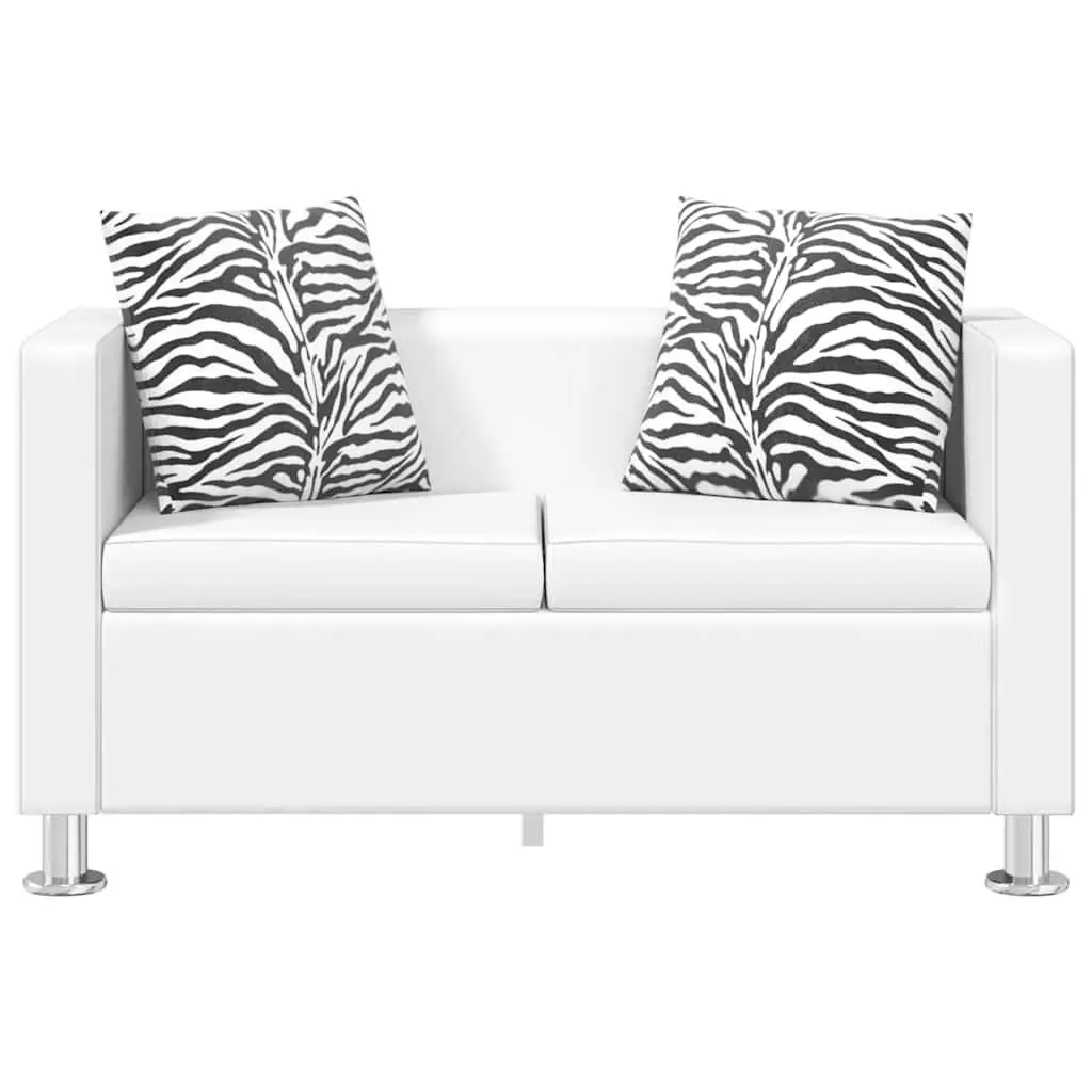 Lounge Couch White Artificial Leather 2-Seater Padded Cushions Wide Seating