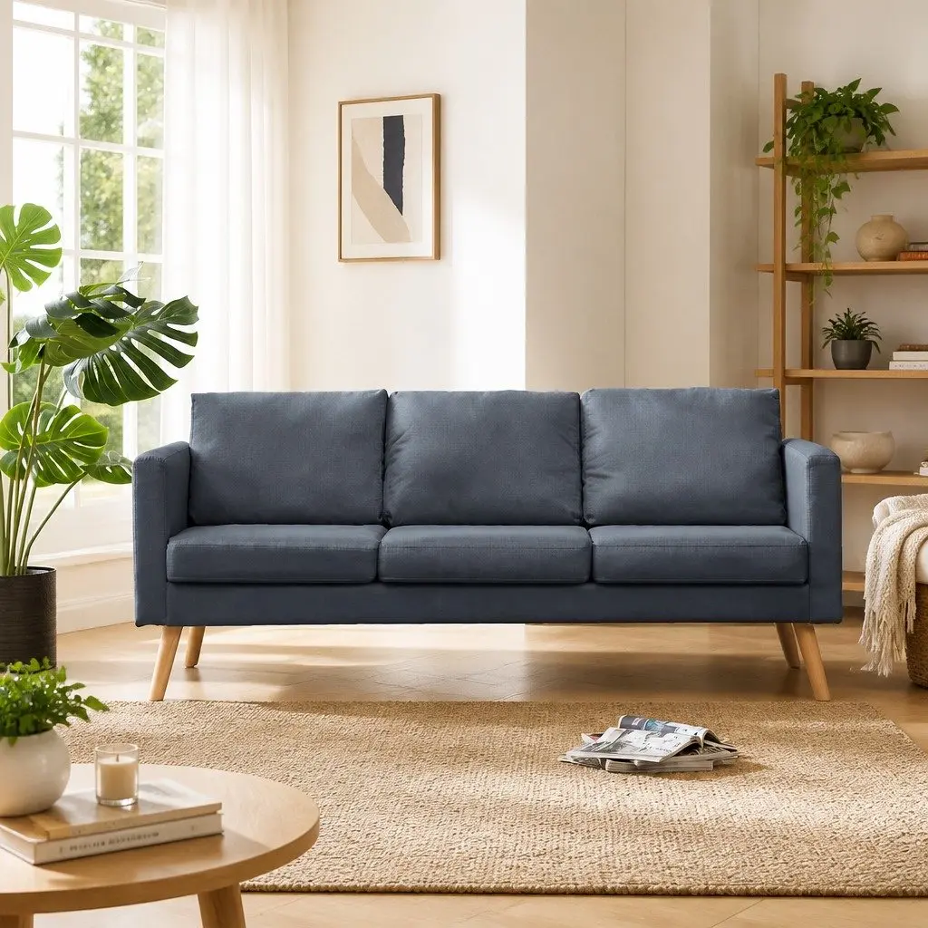 3-Seater Sofa Grey Fabric Couch Padded Cushions Removable Covers