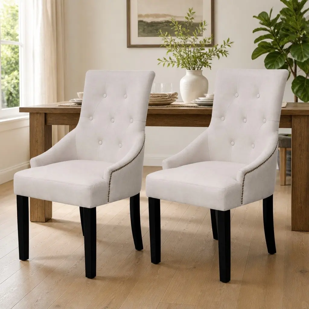 Dining Chairs Cream Fabric Armrests Padded Seat Backrest 2 Piece