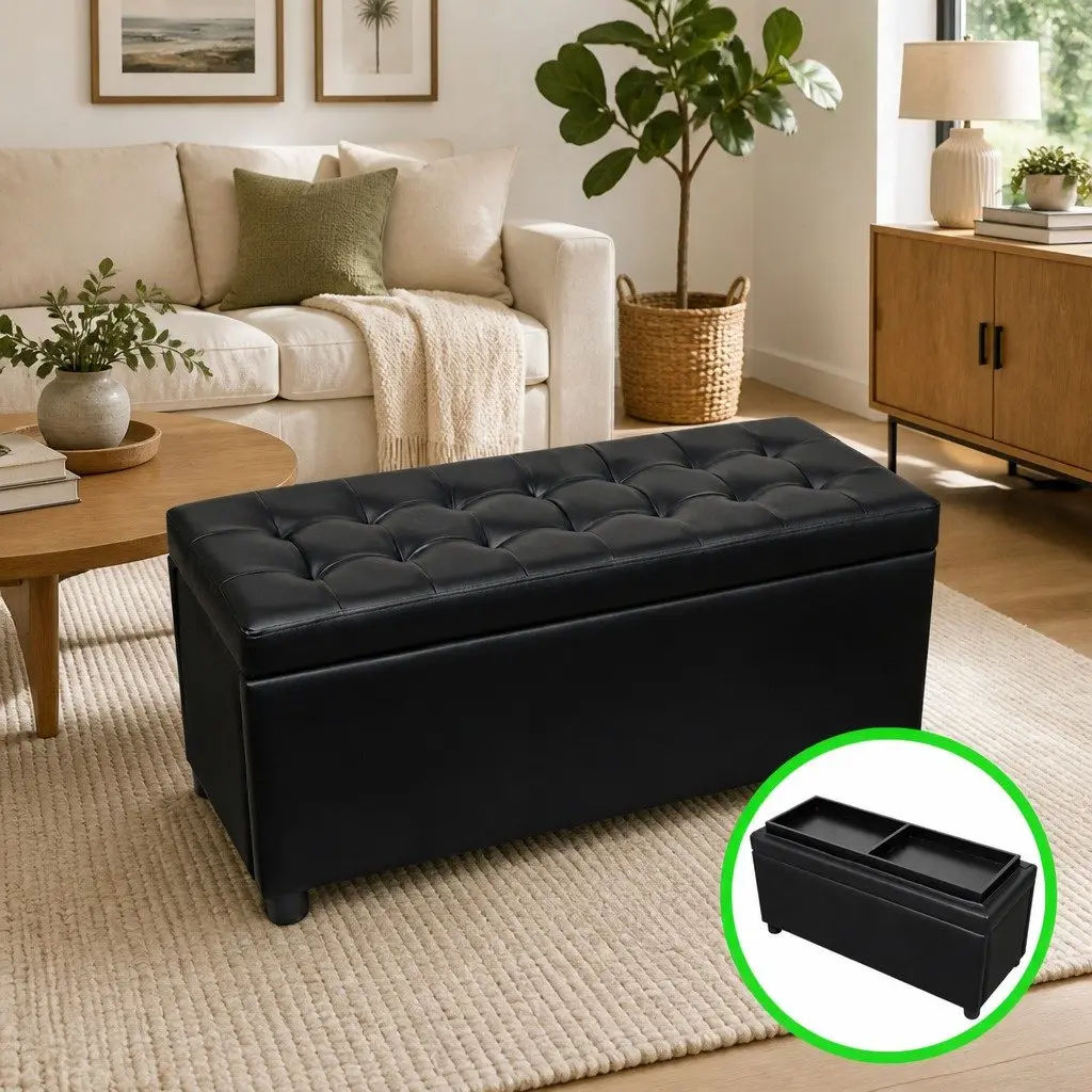 Storage Ottoman Black Faux Leather Extra Seating 30 Inch