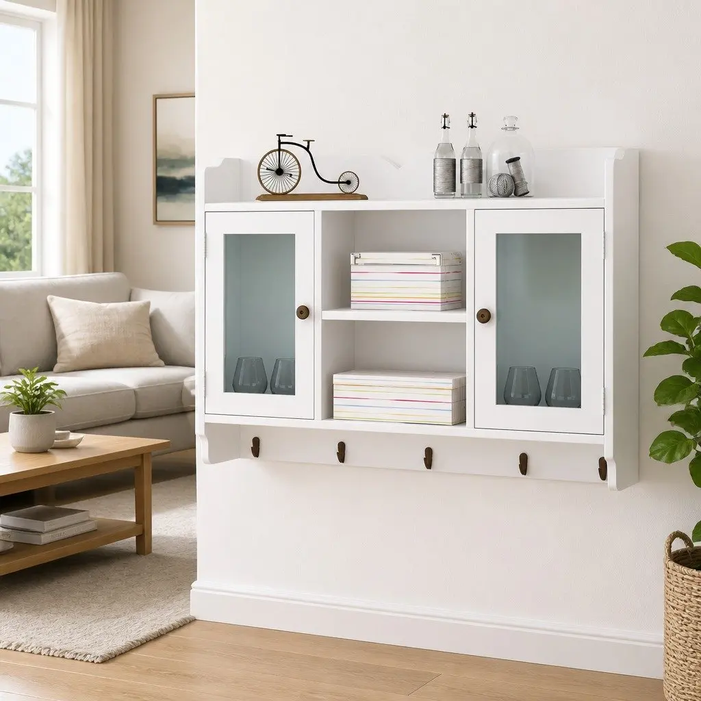 Wall Display Cabinet White MDF Glass Doors 2 Door 4 Hook Storage Shelf