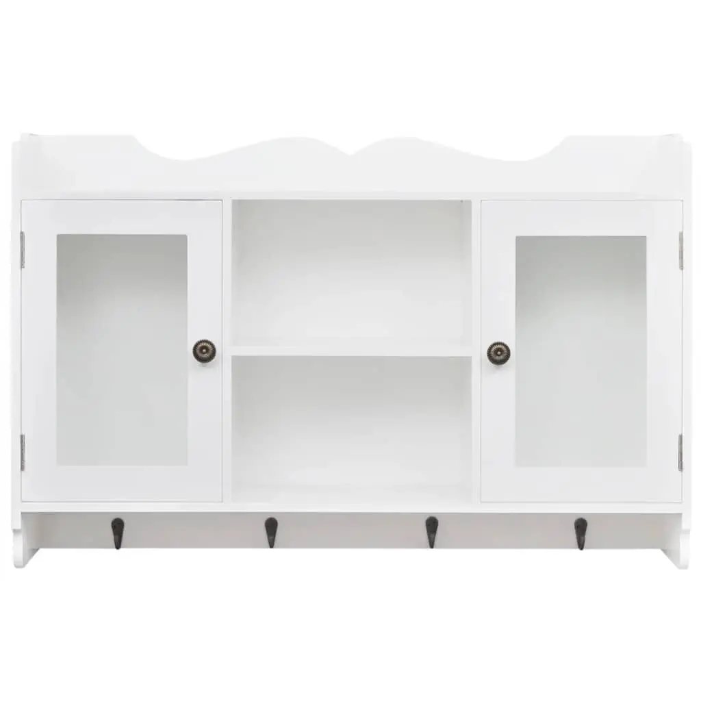 Wall Display Cabinet White MDF Glass Doors 2 Door 4 Hook Storage Shelf