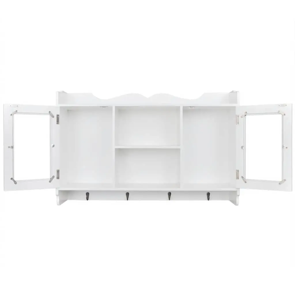 Wall Display Cabinet White MDF Glass Doors 2 Door 4 Hook Storage Shelf