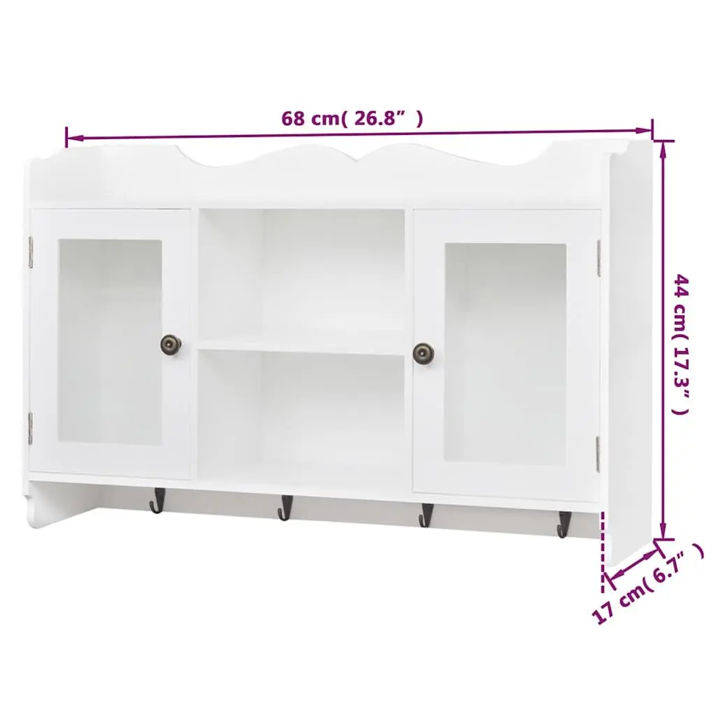 Wall Display Cabinet White MDF Glass Doors 2 Door 4 Hook Storage Shelf