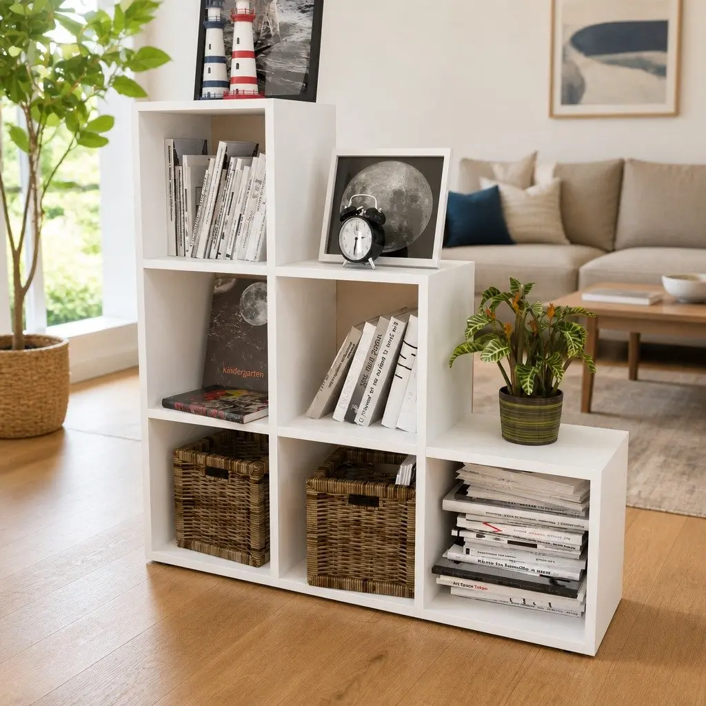 Staircase Bookcase White 107cm 6 Compartments Open Display Shelf Unit