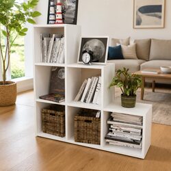 Staircase Bookcase 107cm White 6 Compartments Open Display Standing Shelf Unit