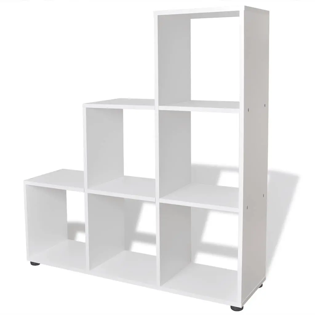 Staircase Bookcase White 107cm 6 Compartments Open Display Shelf Unit