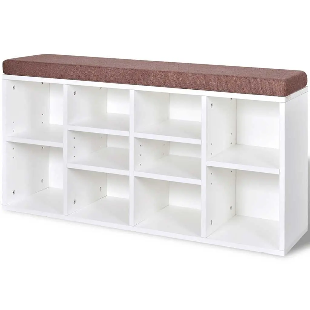 Shoe Bench Organizer White Foam Padded Top 10 Compartment Storage for Entryway