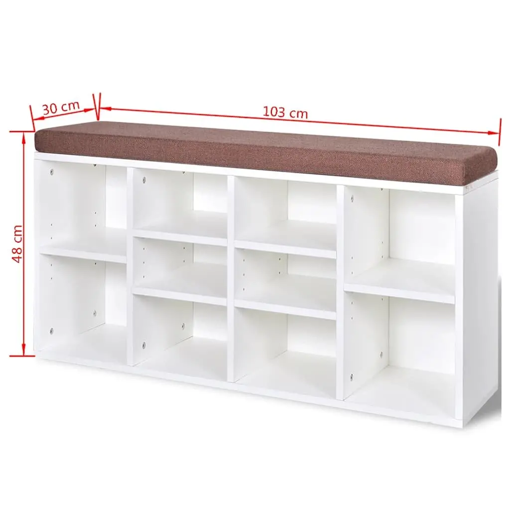 Shoe Bench Organizer White Foam Padded Top 10 Compartment Storage for Entryway