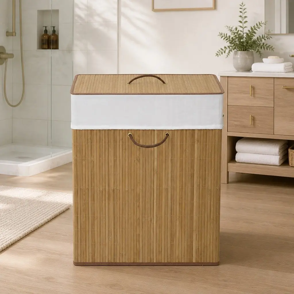 Bamboo Laundry Bin Rectangular Brown Hamper Basket with Handles Removable Liner