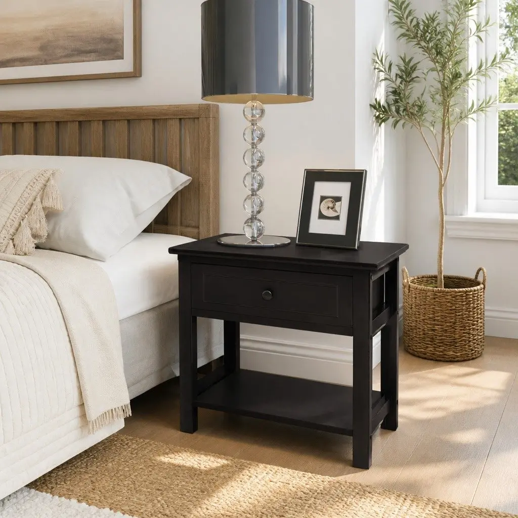 Bedside Cabinet Black Compact Nightstand Drawer Storage