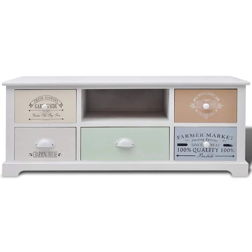 French Country TV Cabinet Wood Hi-Fi Stand Lowboard 5 Drawers Storage White