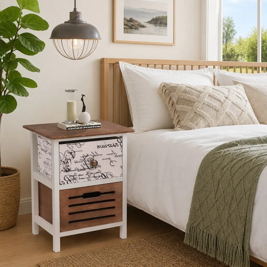 Wooden Bedside Cabinets Country Style 2 Piece Set Compact Storage Drawer Nightstand