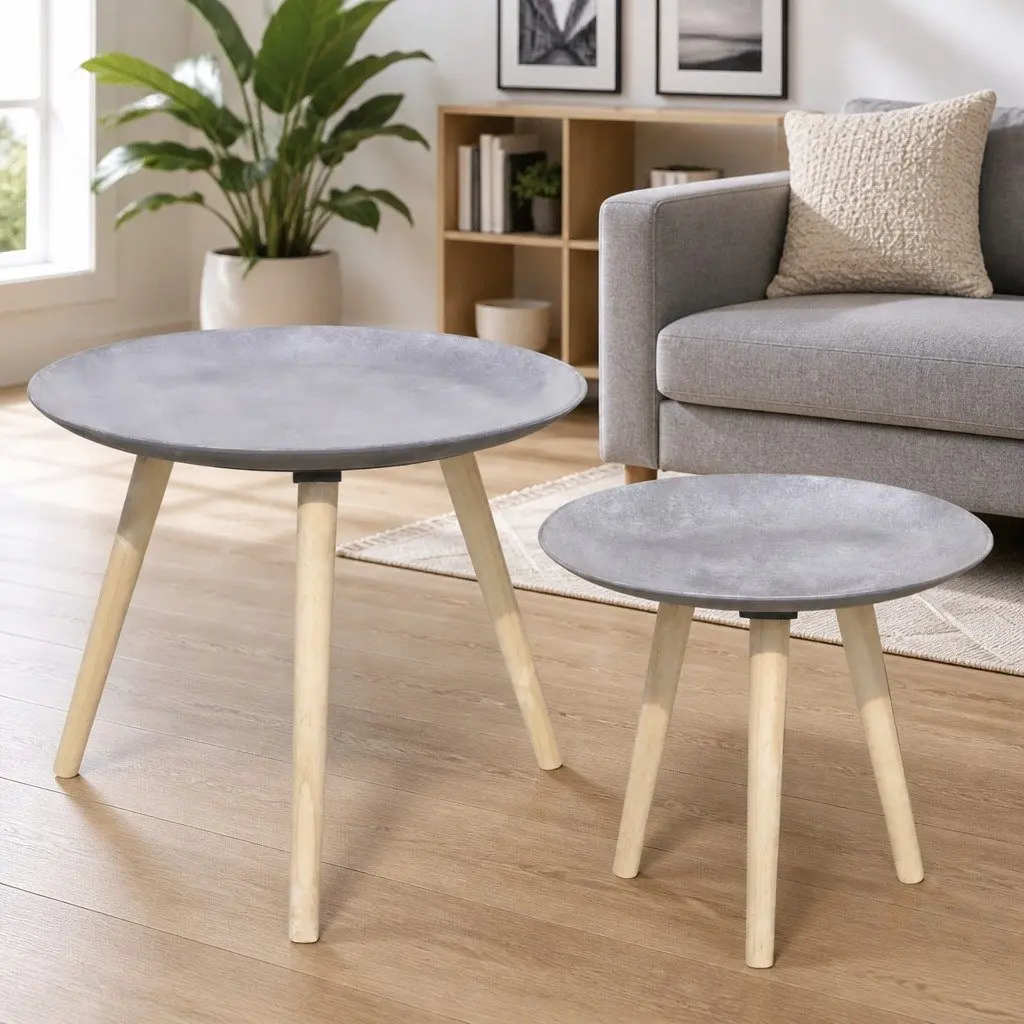 Side Table Set of 2 Round Concrete Grey 55cm 44cm