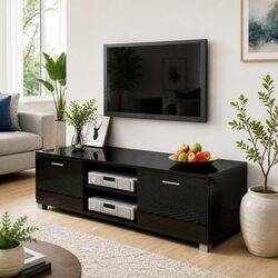 TV Cabinet High-Gloss Black Modern Entertainment Unit Media Storage Sideboard