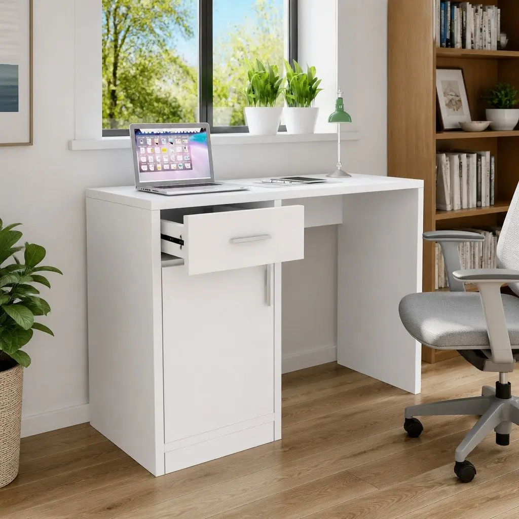 White Desk with Drawer and Cabinet Modern Office Study Bedroom Furniture 100cm x 40cm x 73cm