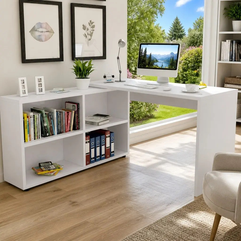 White Corner Desk with Bookcase Storage 4 Shelves Home Office Furniture