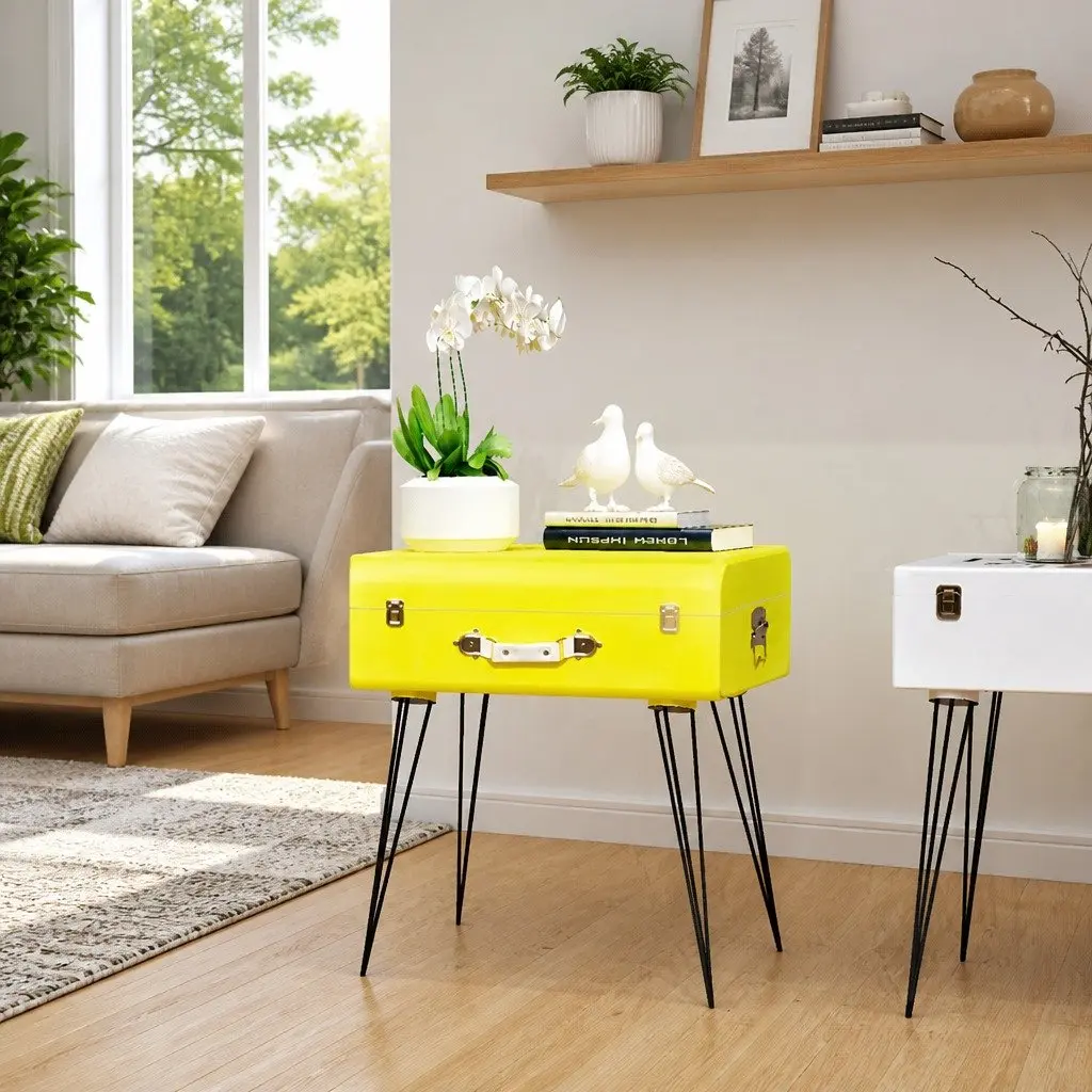 Bedside Table Yellow Vintage Suitcase Style Storage Organiser 49.5 x 36 x 60 cm