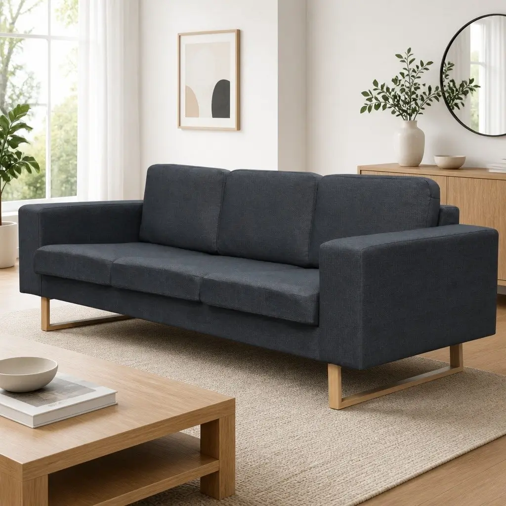Grey Fabric Couch 3-Seater Removable Cushion Covers Plush Padding Home Office