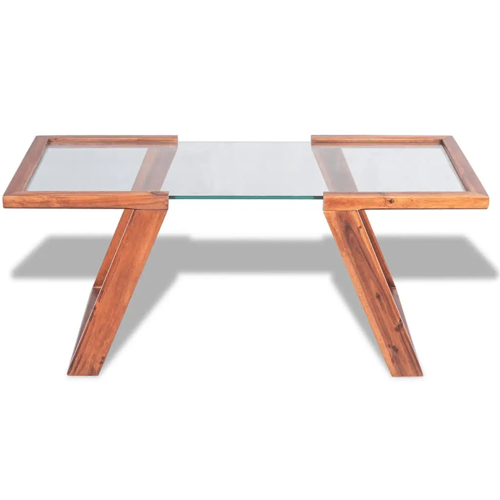 Coffee Table Tempered Glass Top Solid Acacia Wood Base Brown 100 x 50 x 40 cm