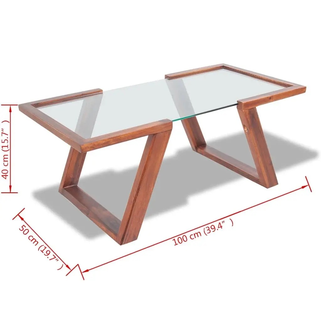 Coffee Table Tempered Glass Top Solid Acacia Wood Base Brown 100 x 50 x 40 cm