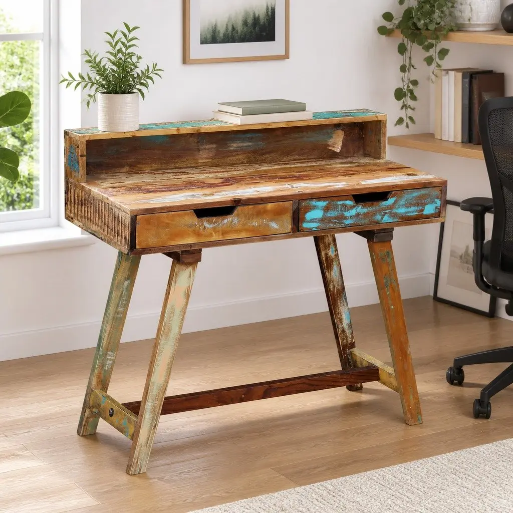 Desk Vintage Style Solid Reclaimed Wood with Two Drawers