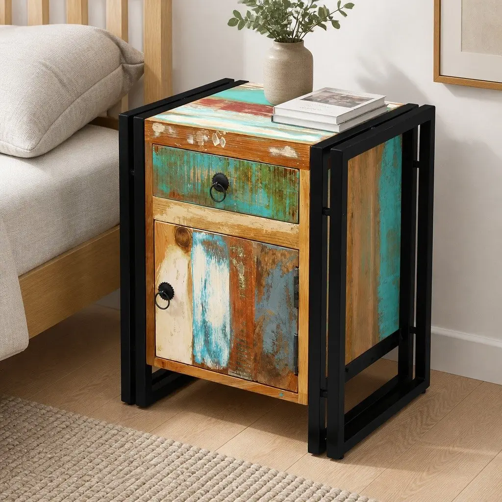 Bedside Cabinet Vintage Style Solid Reclaimed Wood with Steel Frame 1 Drawer 1 Door Compartment