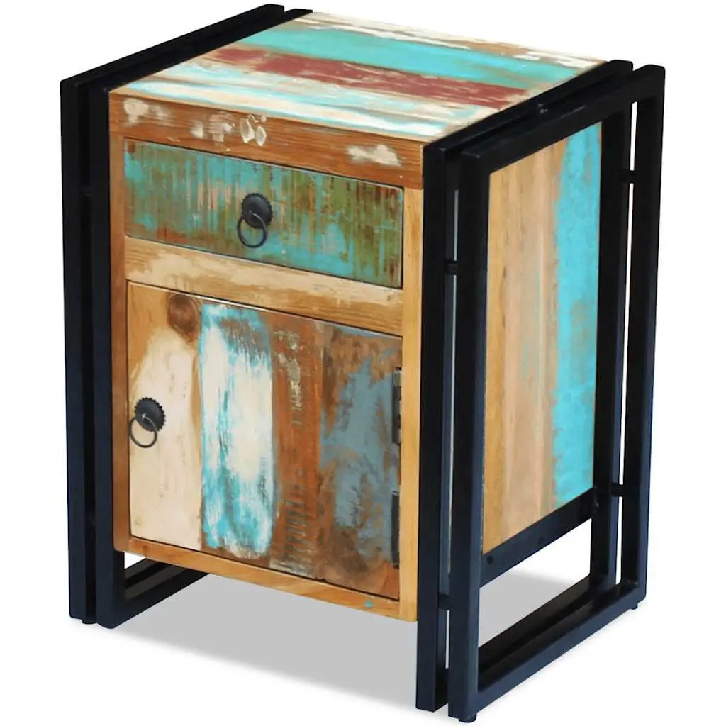 Bedside Cabinet Vintage Style Solid Reclaimed Wood with Steel Frame 1 Drawer 1 Door Compartment