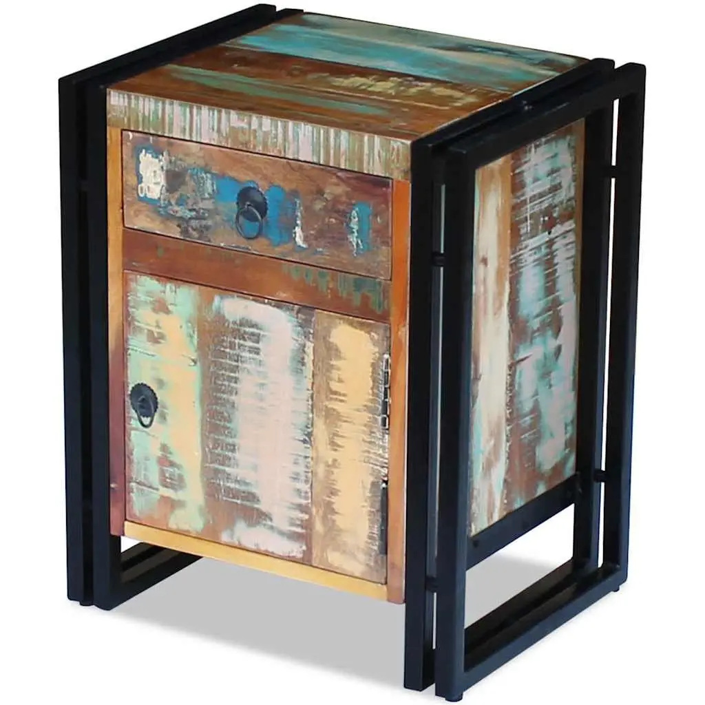 Bedside Cabinet Vintage Style Solid Reclaimed Wood with Steel Frame 1 Drawer 1 Door Compartment