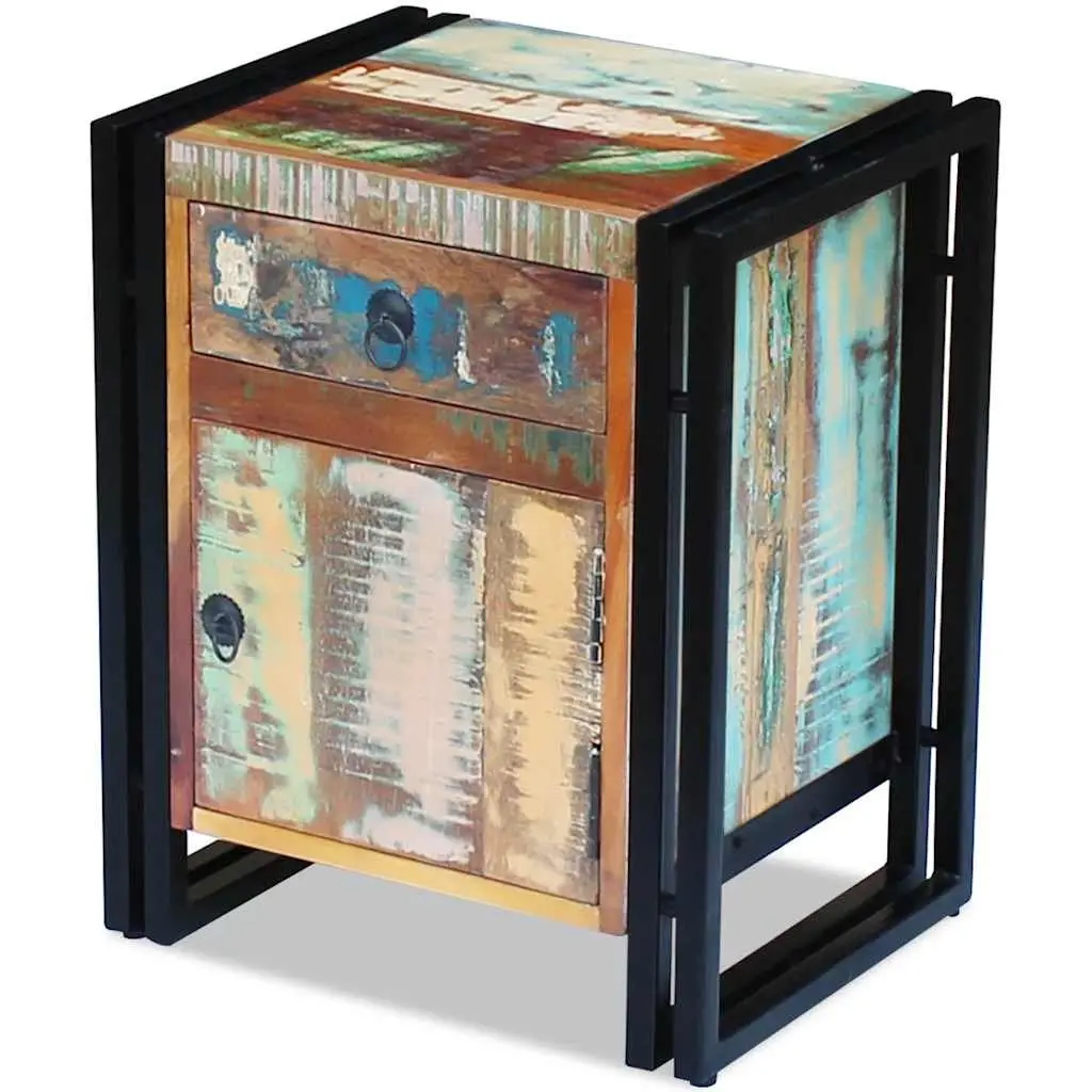 Bedside Cabinet Vintage Style Solid Reclaimed Wood with Steel Frame 1 Drawer 1 Door Compartment