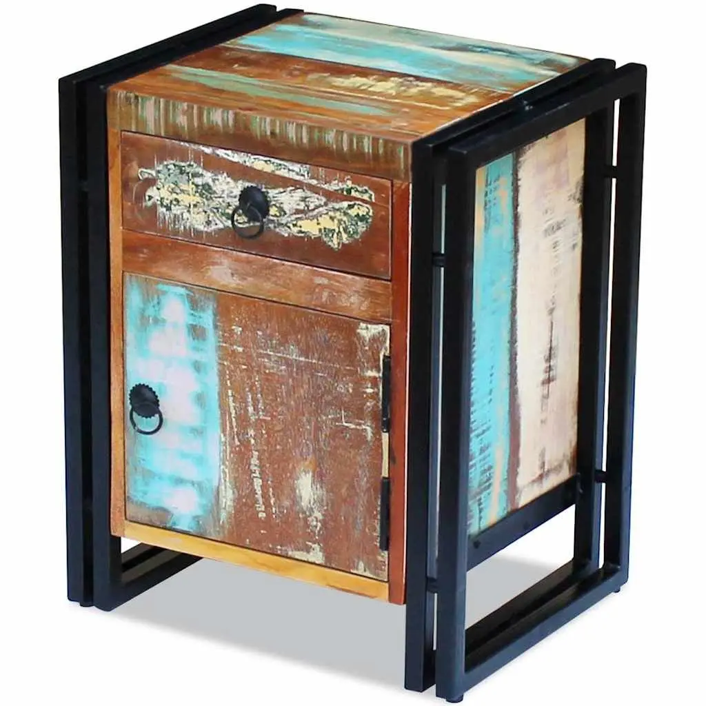 Bedside Cabinet Vintage Style Solid Reclaimed Wood with Steel Frame 1 Drawer 1 Door Compartment