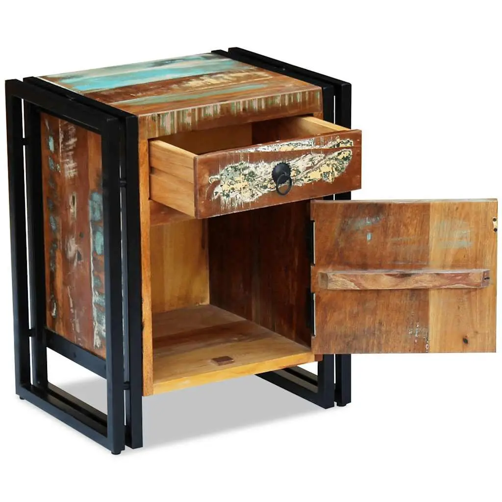 Bedside Cabinet Vintage Style Solid Reclaimed Wood with Steel Frame 1 Drawer 1 Door Compartment