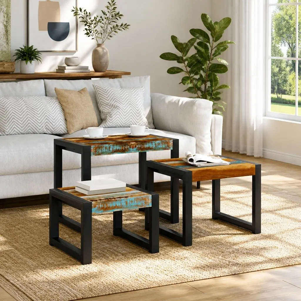 Nesting Tables Solid Reclaimed Wood Stackable Set of 3