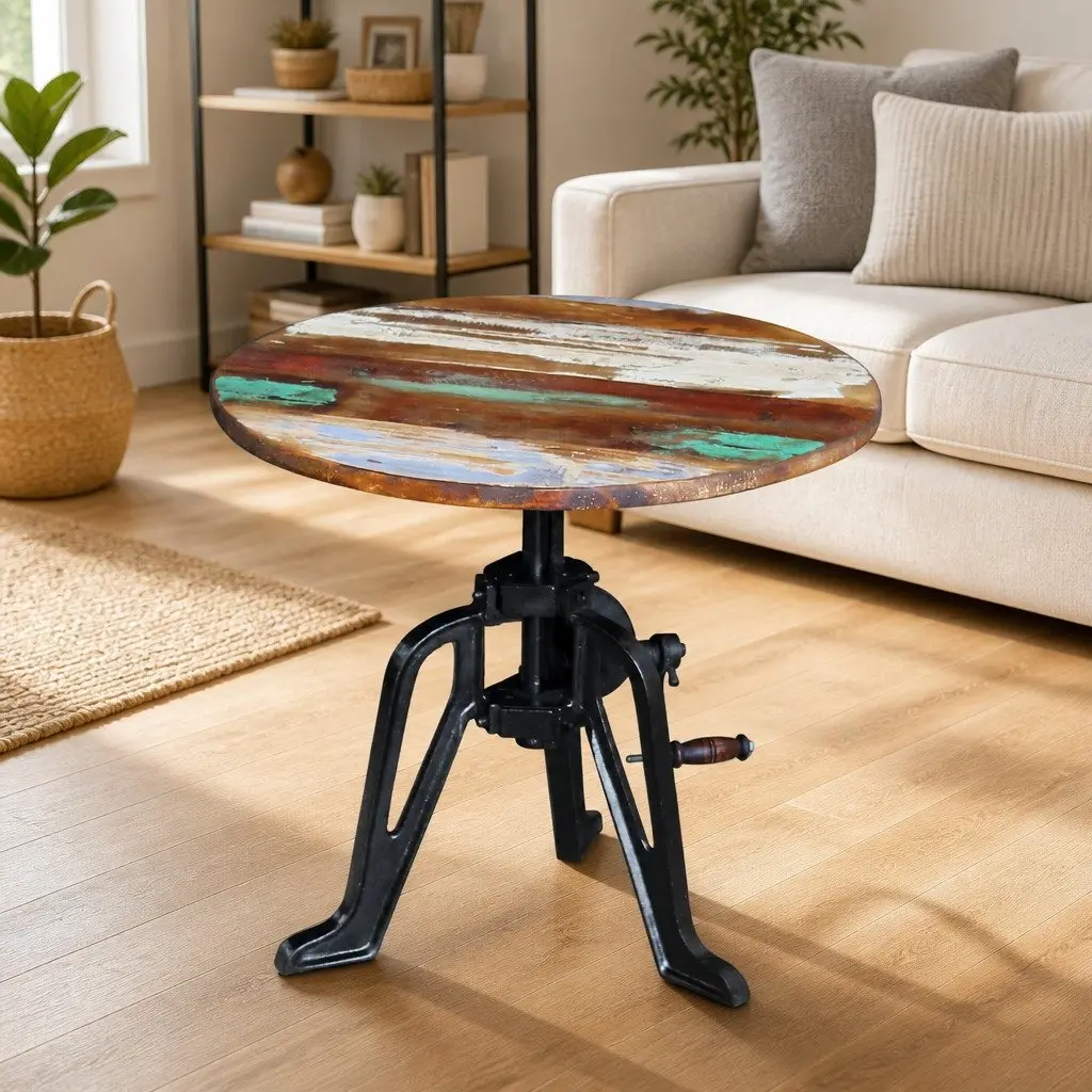 End Table Adjustable Height 42-63cm Reclaimed Wood Cast Iron Industrial Style