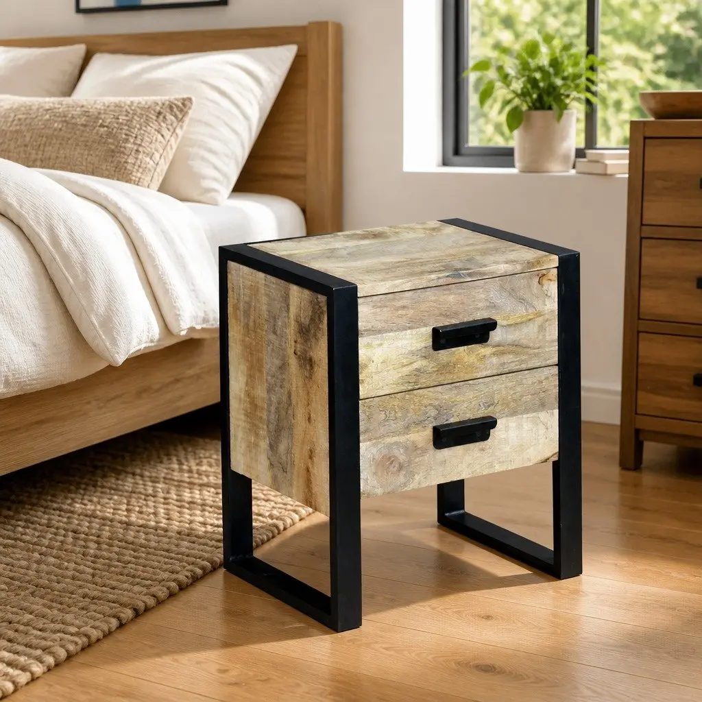 Side Table Industrial Style with 2 Drawers Brown