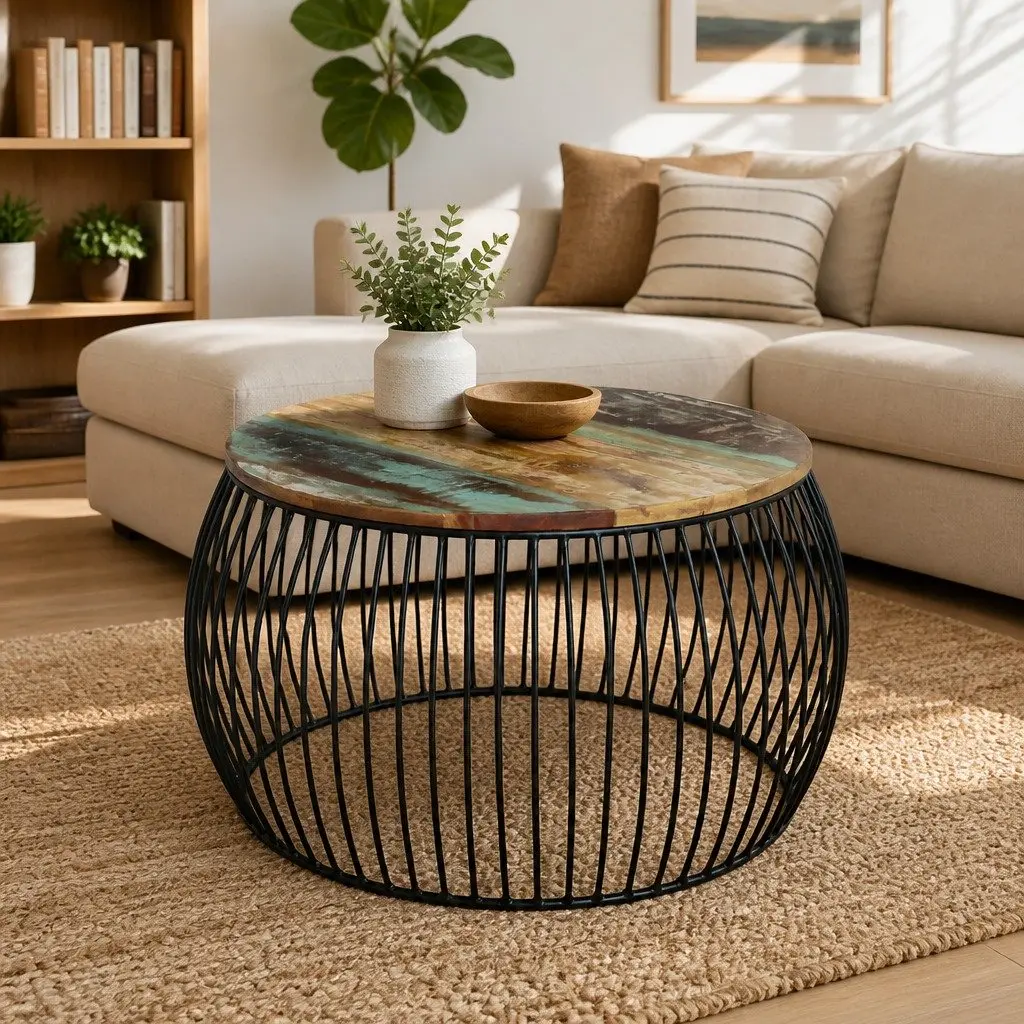 Round Coffee Table Solid Reclaimed Wood Vintage Handmade Side Table Brown 68cm