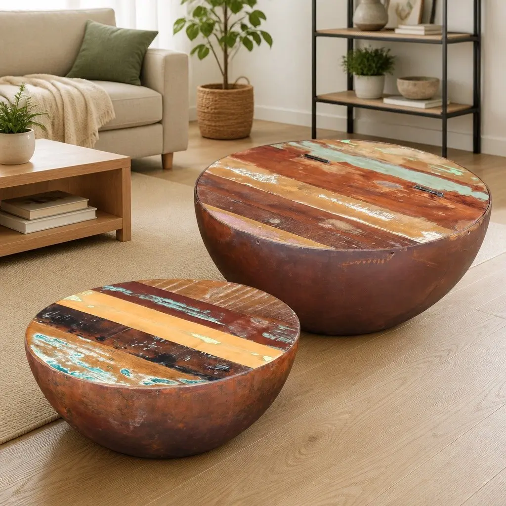 Two Piece Bowl Shaped Coffee Table Set Reclaimed Wood Multicolour