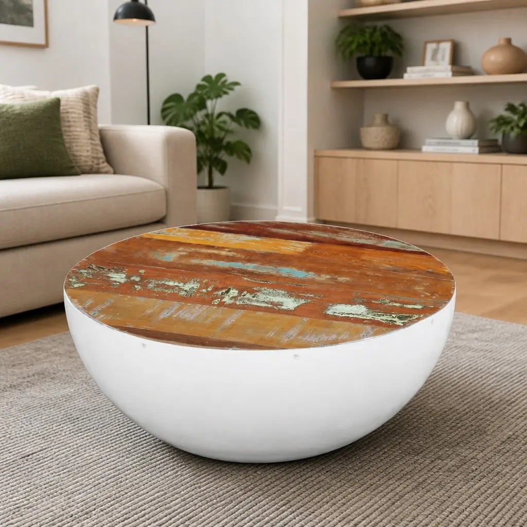 Bowl Shaped Coffee Table Solid Reclaimed Wood White Antique Vintage 60 x 60 x 30 cm