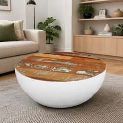 Bowl Shaped Coffee Table Solid Reclaimed Wood White Accent Living Room Furniture