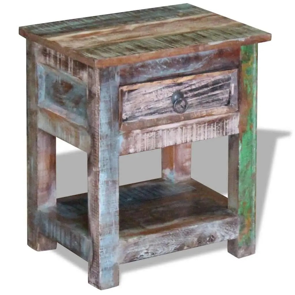 End Table Solid Reclaimed Wood Retro Nightstand with Drawer 43W x 33D x 51H cm