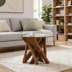 Coffee Table Solid Teak Base Tempered Glass Top Handmade Rustic 60cm Brown