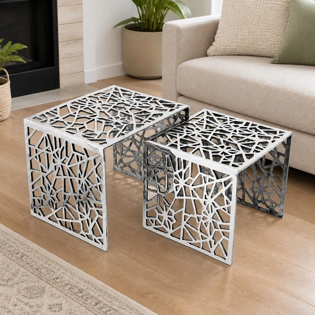 Nesting Side Tables Lightweight Square Silver Set of 2
